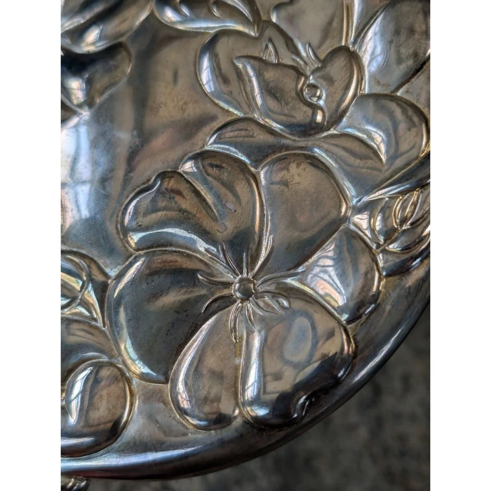 Vintage Antique Art Nouveau Silver Hand Mirror Embossed Flowers  Tiffany ? Heavy